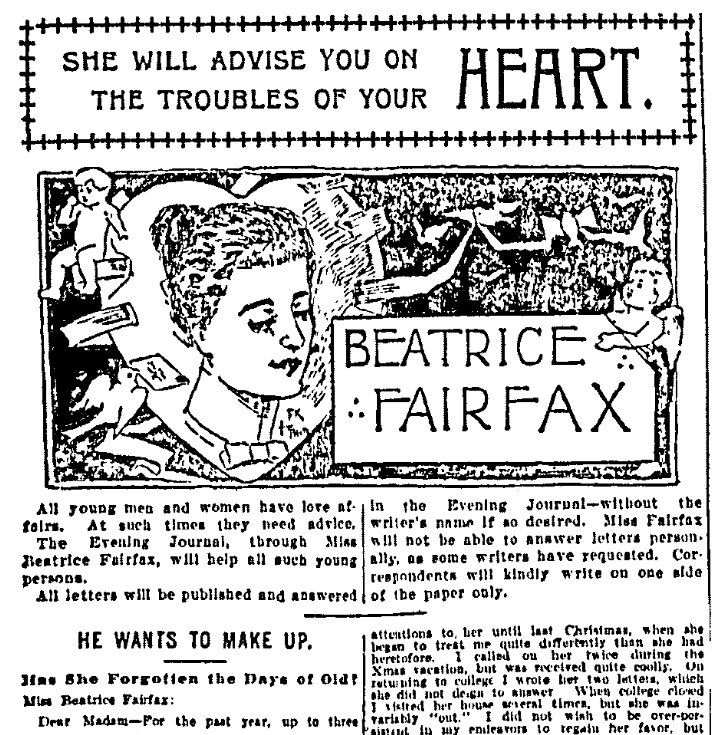 A newspaper advice column by "Beatrice Fairfax," New York Evening Journal newspaper article 1 August 1898