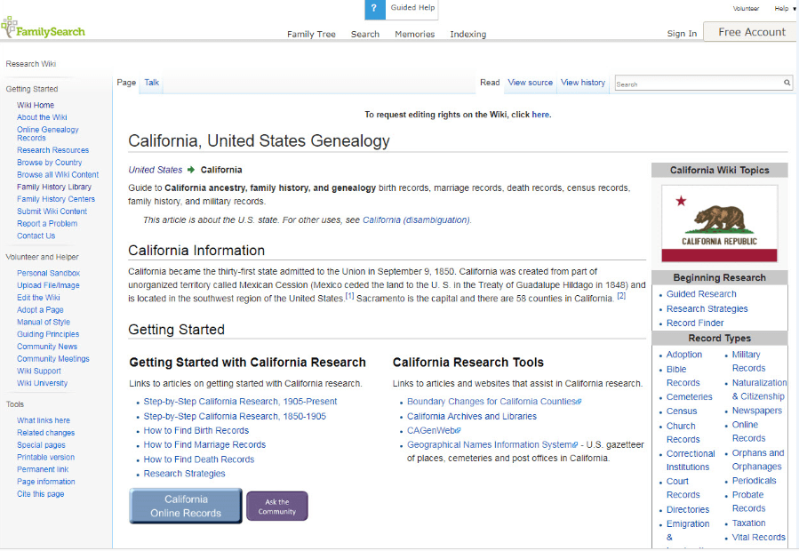 Photo: a screenshot of the FamilySearch Wiki page for California