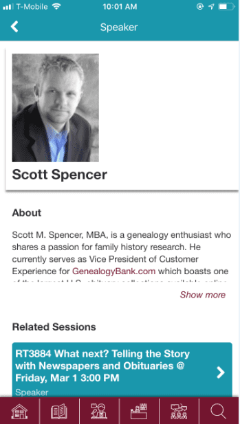 Photo: a screenshot of the RootsTech app, showing information about GenealogyBank’s Scott Spencer, Vice President of Customer Experience