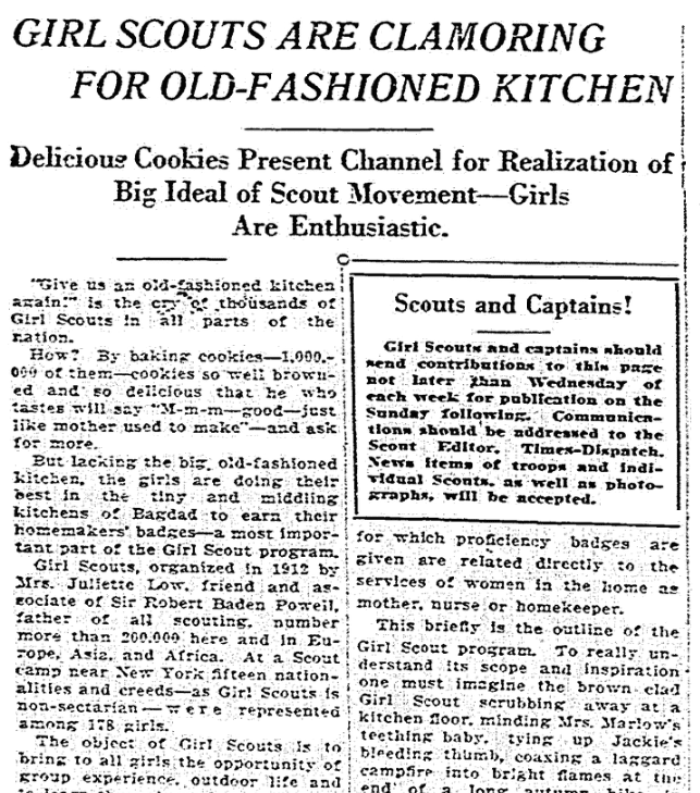 An article about Girl Scout cookies, Richmond Times Dispatch newspaper article 28 October 1923