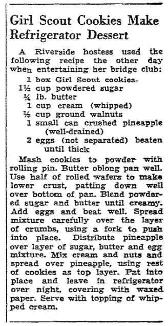 A recipe using Girl Scout cookies, Riverside Daily Press newspaper article 2 May 1939