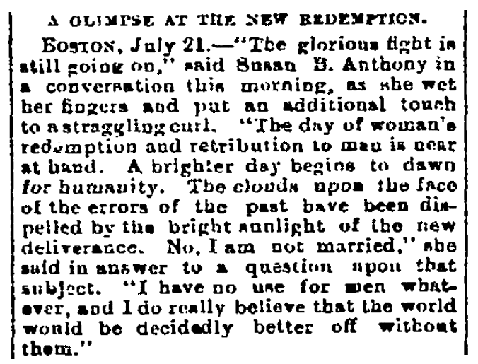 An article about Susan B. Anthony, Sacramento Bee newspaper article 21 July 1883