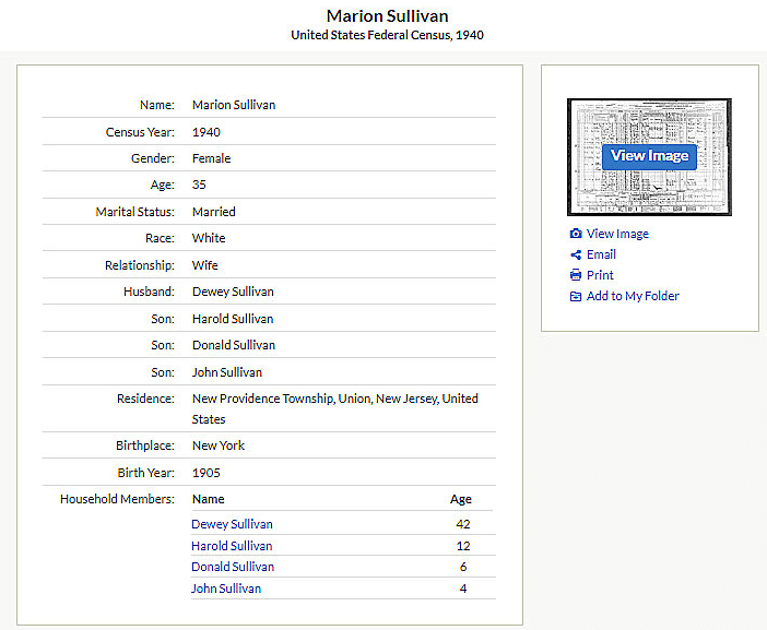 Photo: the 1940 U.S. Census record for Marion Sullivan