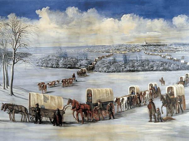 Illustration: "Crossing the Mississippi on the Ice" by C. C. A. Christensen, c. 1878. Credit: Brigham Young University Museum of Art; Wikimedia Commons.