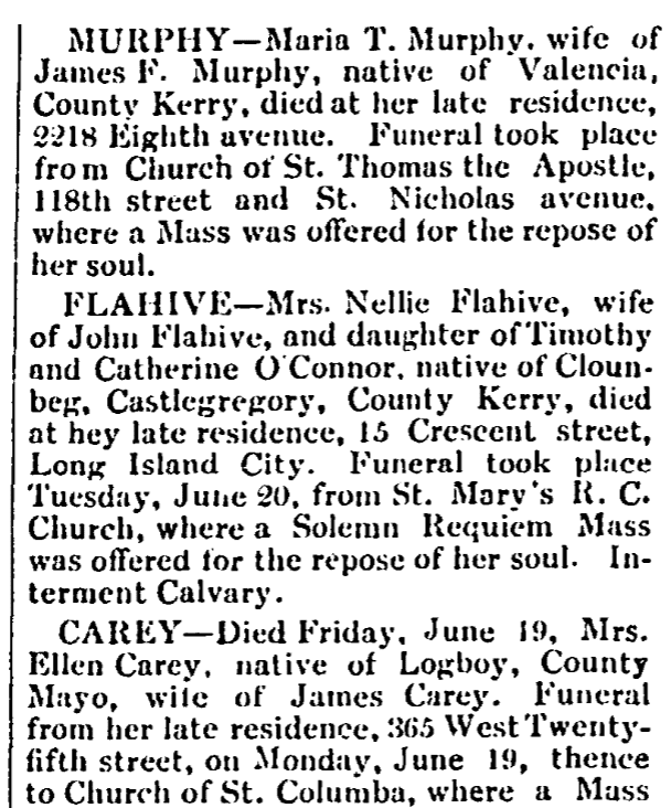 Obituaries, Irish American Weekly newspaper article 24 June 1911