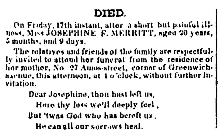 An obituary for Josephine Merritt, Irish American Weekly newspaper article 19 August 1849