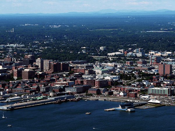 Photo: Old Port area of Portland, Maine, with the White Mountains visible in the background. Credit: Alex Boykov; Wikimedia Commons.