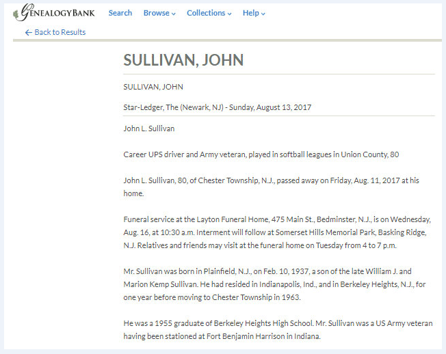 An obituary for John Sullivan, Star Ledger newspaper article 13 August 2017