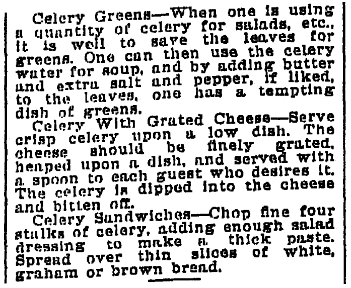 Celery recipes, Times-Picayune newspaper article 22 September 1905