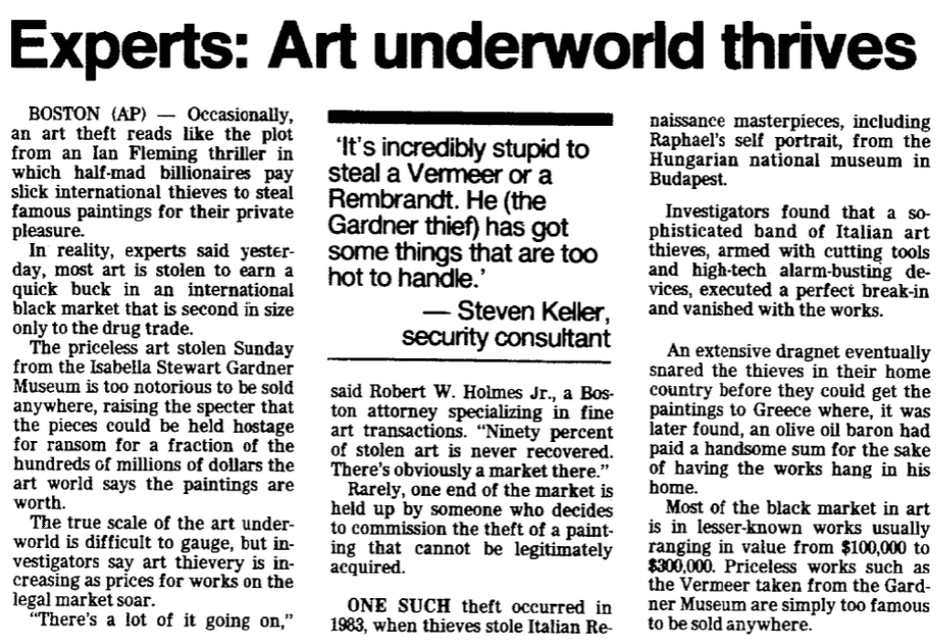 An article about the art theft at the Isabella Stewart Gardner Museum, Trenton Evening Times newspaper article 20 March 1990