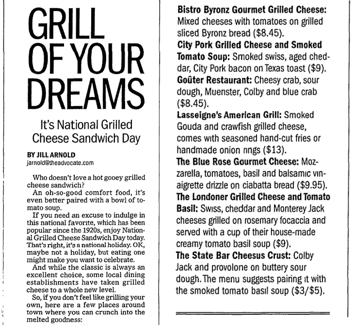 Grilled cheese sandwich recipes, Advocate newspaper article 12 April 2016