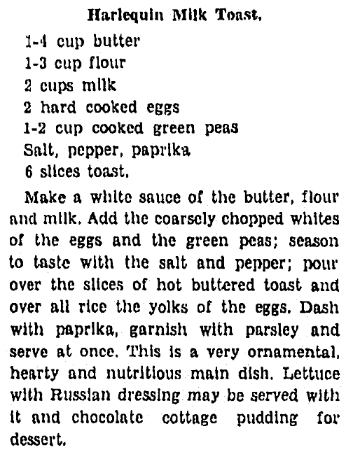 A recipe for milk toast, Arkansas Gazette newspaper article 15 September 1929