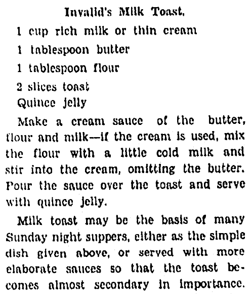 A recipe for milk toast, Arkansas Gazette newspaper article 15 September 1929