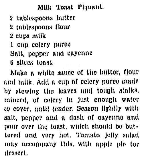 A recipe for milk toast, Arkansas Gazette newspaper article 15 September 1929