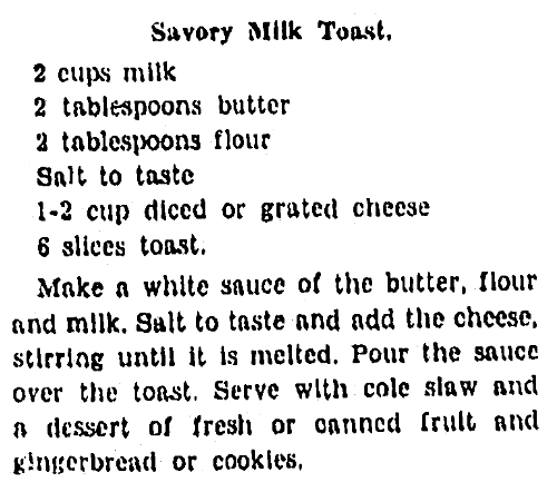 A recipe for milk toast, Arkansas Gazette newspaper article 15 September 1929