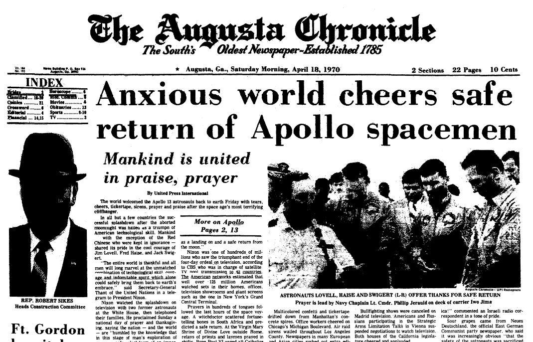 An article about Apollo 13, Augusta Chronicle newspaper article 18 April 1970