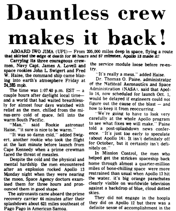 An article about Apollo 13, Augusta Chronicle newspaper article 18 April 1970