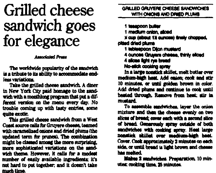 A grilled cheese sandwich recipe, Augusta Chronicle newspaper article 10 October 2001