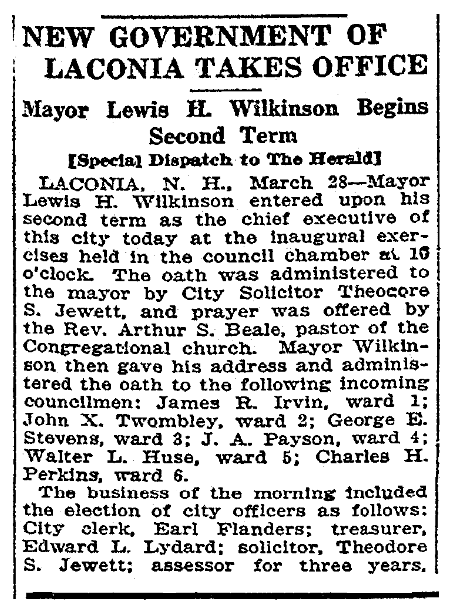 An article about Walter Huse and the government of Laconia, New Hampshire, Boston Herald newspaper article 29 March 1922