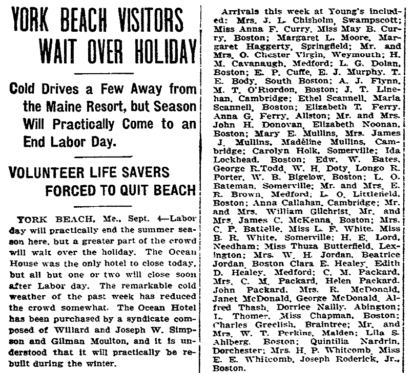 An article about visitors to York Beach, Maine, Boston Herald newspaper article 5 September 1909