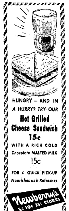 A diner's ad for grilled cheese sandwiches, Columbus Daily Enquirer newspaper advertisement 13 October 1945