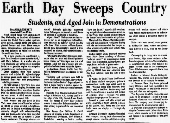 An article about the first Earth Day, Dallas Morning News newspaper article 23 April 1970