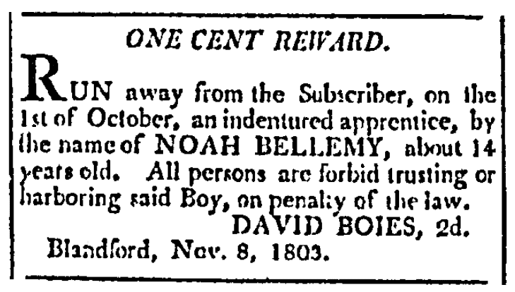 A runaway ad, Federal Spy newspaper advertisement 15 November 1803