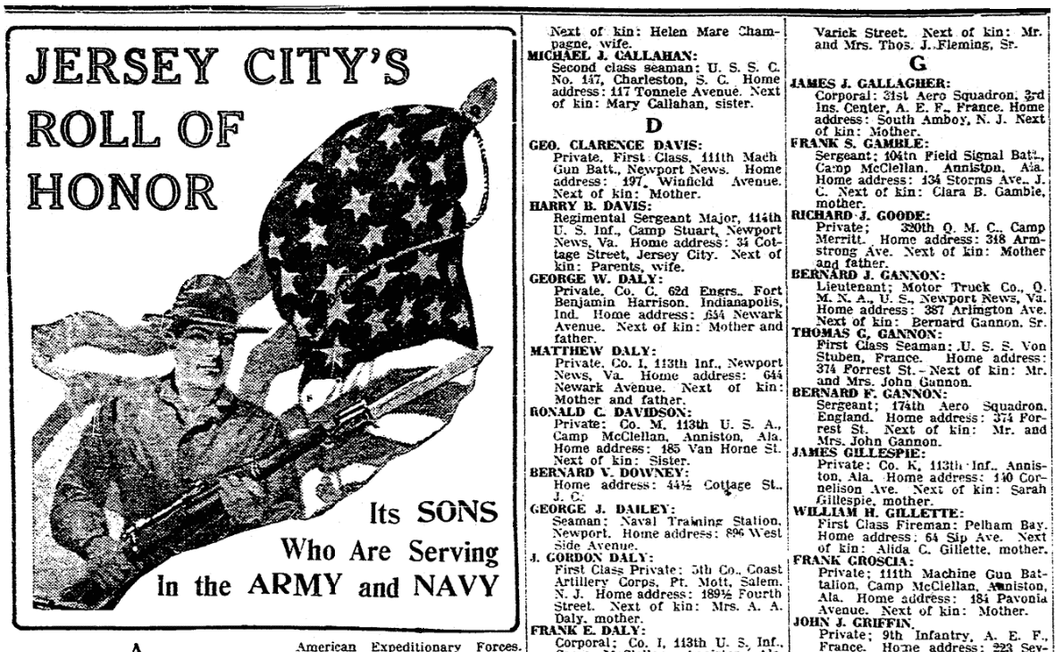 A WWI honor roll, Jersey Journal newspaper article 13 July 1918