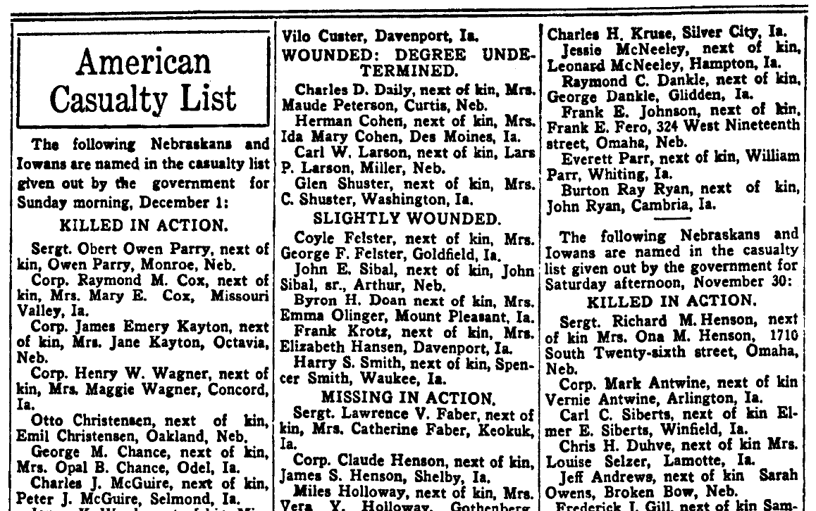 A WWI casualty list, Omaha Daily Bee newspaper article 1 December 1918