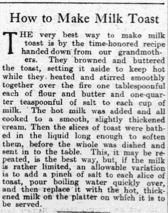 A recipe for milk toast, Philadelphia Inquirer newspaper article 8 September 1904