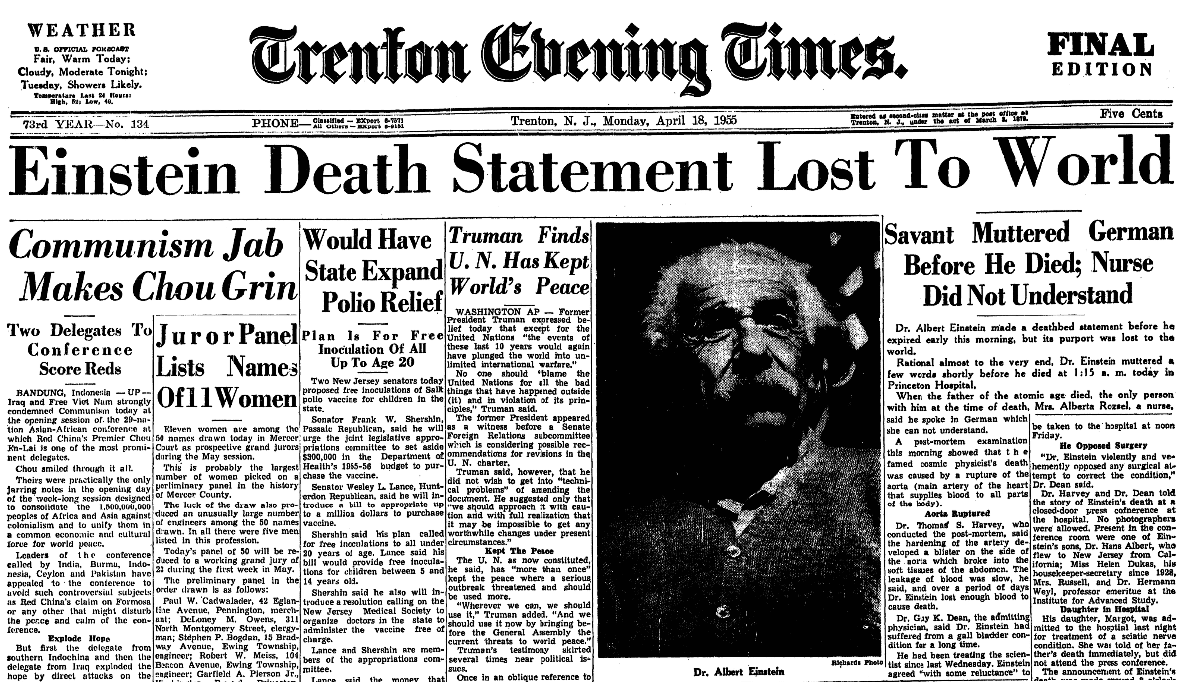 An article about the death of Albert Einstein, Trenton Evening Times newspaper article 18 April 1955