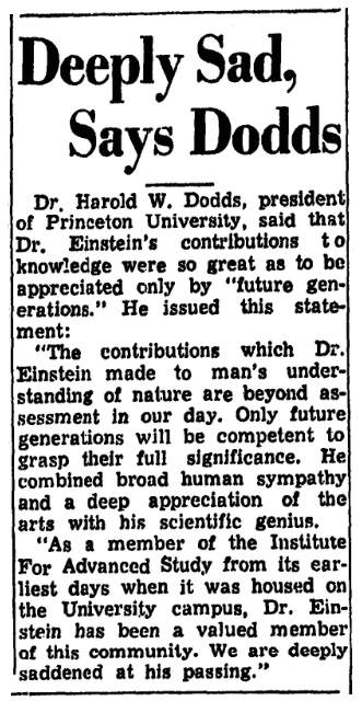 An article about the death of Albert Einstein, Trenton Evening Times newspaper article 18 April 1955