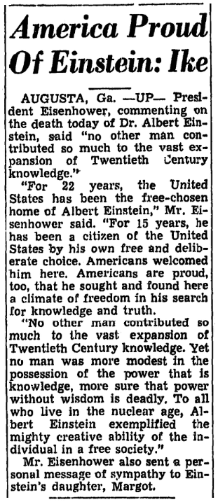 An article about the death of Albert Einstein, Trenton Evening Times newspaper article 18 April 1955