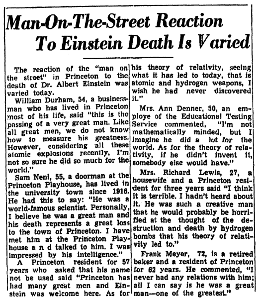 An article about the death of Albert Einstein, Trenton Evening Times newspaper article 18 April 1955