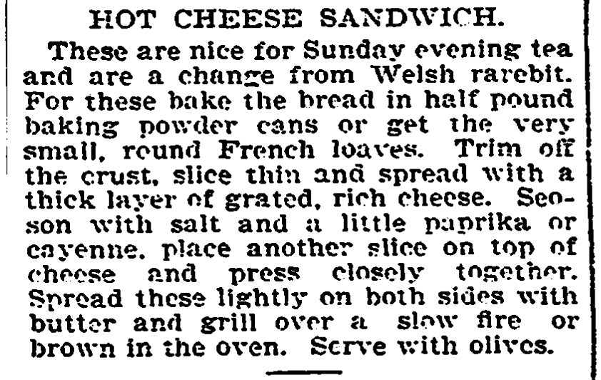 A grilled cheese sandwich recipe,Trenton Evening Times newspaper article 27 June 1901