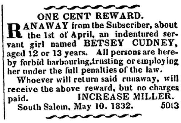 Runaway ad for Betsey Cudney, Westchester Herald (Ossining, New York), 29 May 1832, page 3