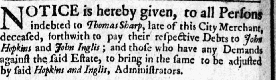 A probate notice for Thomas Sharp, American Weekly Mercury newspaper advertisement 1 November 1739