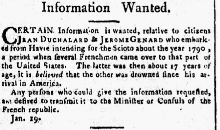 A missing person ad, Aurora General Advertiser newspaper advertisement 22 January 1795