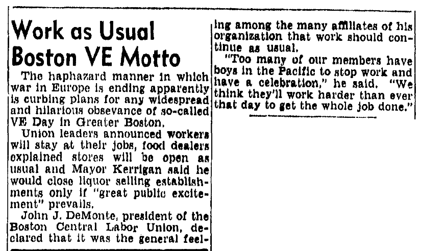 An article about V-E Day, Boston Herald newspaper article 3 May 1945