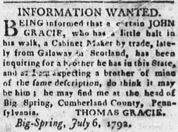 A missing person ad, Carlisle Gazette newspaper advertisement 25 July 1792