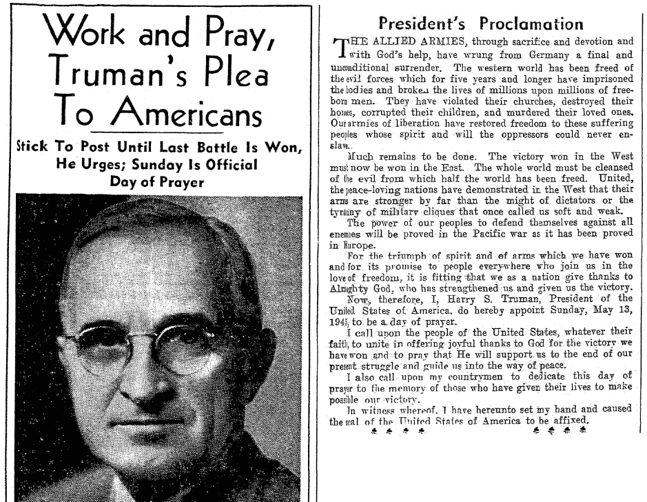 An article about V-E Day, Evansville Press newspaper article 8 May 1945