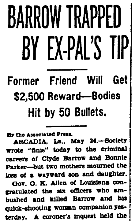 An article about Bonnie and Clyde, Evening Star newspaper article 24 May 1934