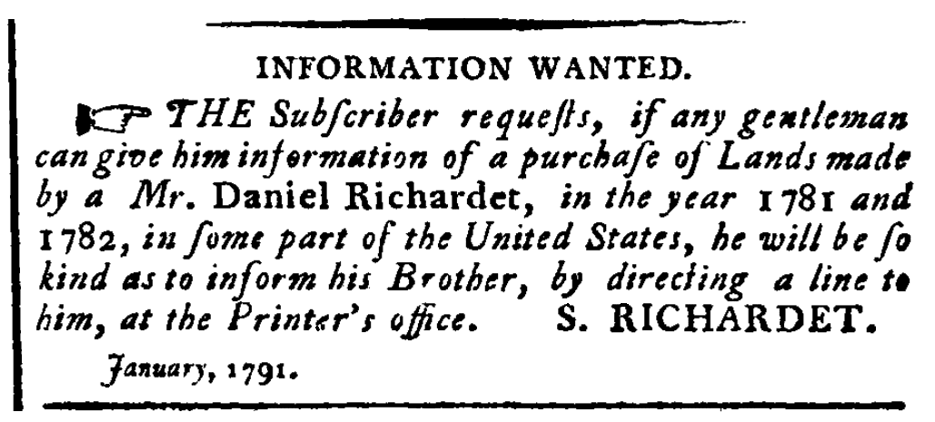 A missing person ad, Gazette of the United States newspaper advertisement 26 January 1791