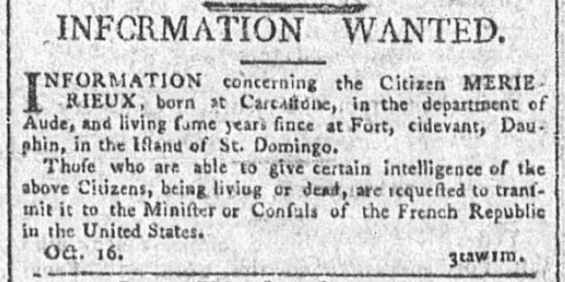 A missing person ad, General Advertiser newspaper advertisement 22 October 1794