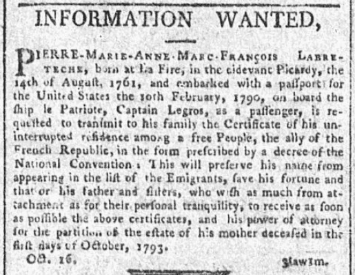 A missing person ad, General Advertiser newspaper advertisement 22 October 1794