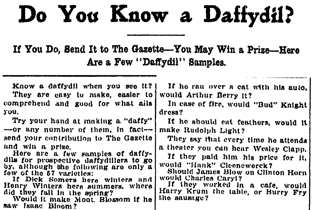 An article about jokes called "daffydils," Kalamazoo Gazette newspaper article 15 November 1911