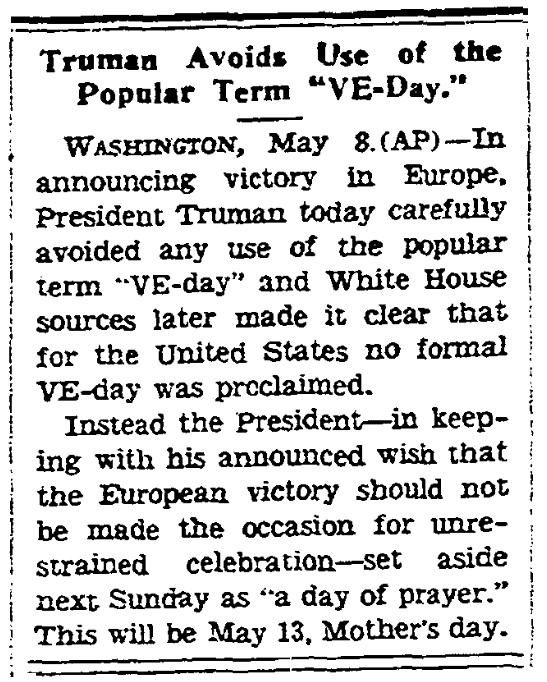 An article about V-E Day, Kansas City Star newspaper article 8 May 1945