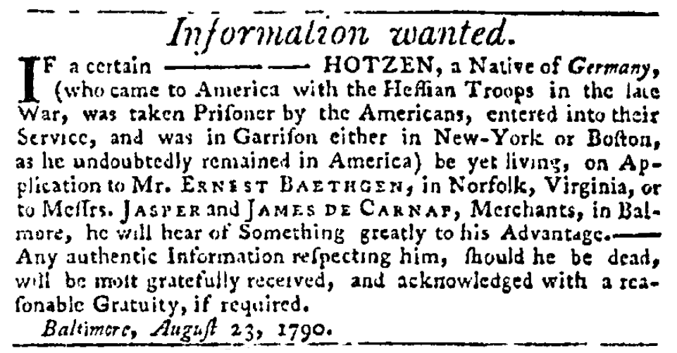 A missing person ad, Maryland Journal newspaper advertisement 24 August 1790