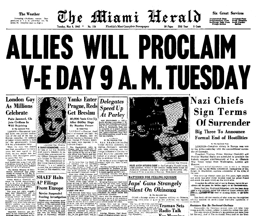 An article about V-E Day, Miami Herald newspaper article 8 May 1945