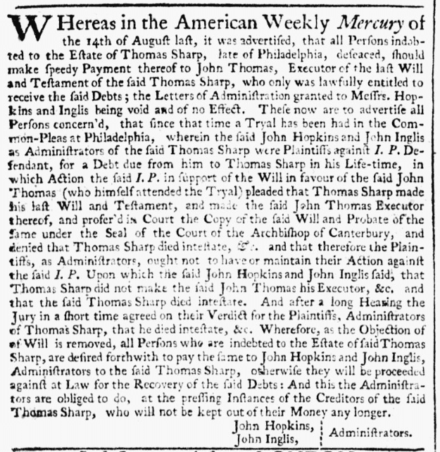 A probate notice for Thomas Sharp, Pennsylvania Gazette newspaper advertisement 16 April 1741